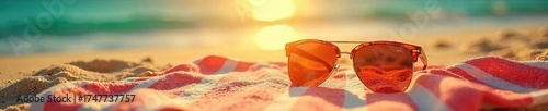 Serene Summer Sunbathing Scene Golden Hour Sunlight on Beach Towel, Sunglasses, and Vacation Essentials