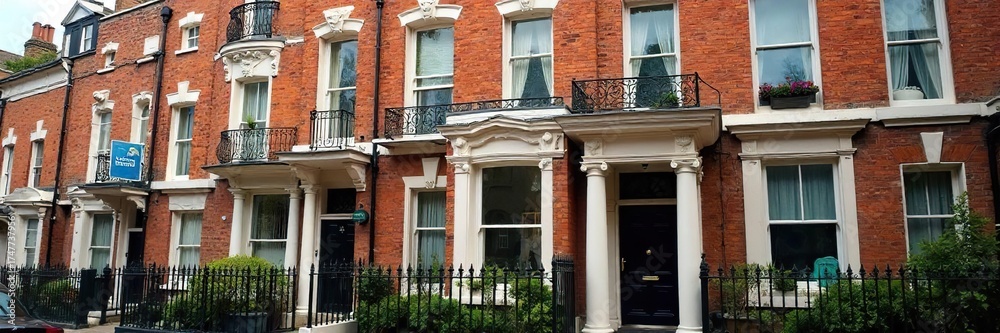 Fototapeta premium Charming Victorian Townhouse on a London Street Elegant Brickwork and Tall Windows Capture Classic Architectural Detail in a Picturesque Urban Scene.