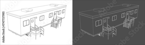 Isometric line drawing illustration of a construction site portable office