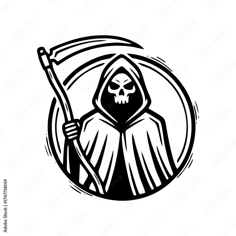 Fototapeta premium Grim Reaper with Scythe in Black and White Logo