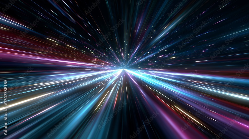 Obraz premium Vibrant Light Burst Abstract Art with Dynamic Color Streaks in Space-like Scene