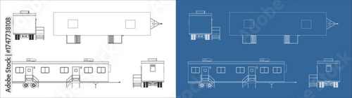 Technical blueprint illustration of a mobile portable office used on construction sites