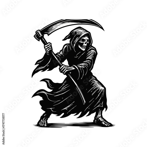 Grim Reaper with Scythe Illustration in Black and White