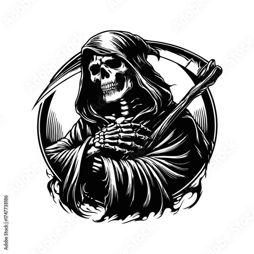 Grim Reaper with Scythe Illustration in Black and White