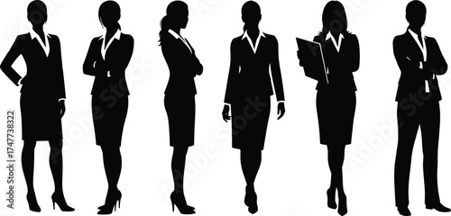 Professional business women silhouettes in formal suits and skirts, confident poses, teamwork, leadership, office career concept, flat vector illustration