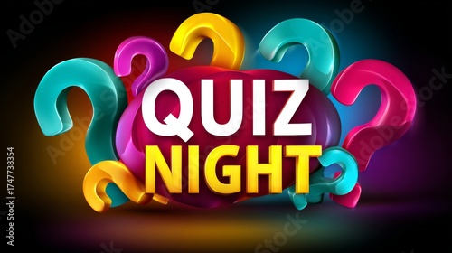 A colorful sign that says Quiz Night. The sign is made up of many different colored shapes, including a few triangles and a few squares