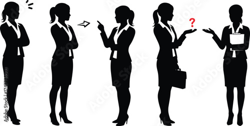 Businesswoman silhouettes in various office communication poses, conflict resolution, confusion, teamwork, leadership concepts, cad drawing flat vector illustration