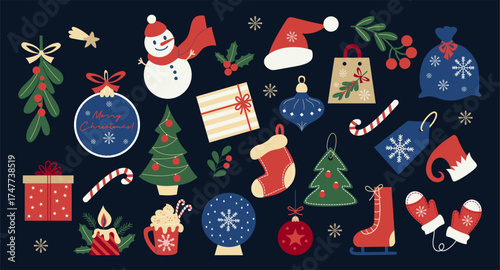 Cute Christmas sticker set with holiday decoration. Xmas ball, New Year gift, snowman, tree, skates, hot cocoa and mistletoe, holly, Santa hat, mittens and candle. Isolated Vector illustration. Not AI