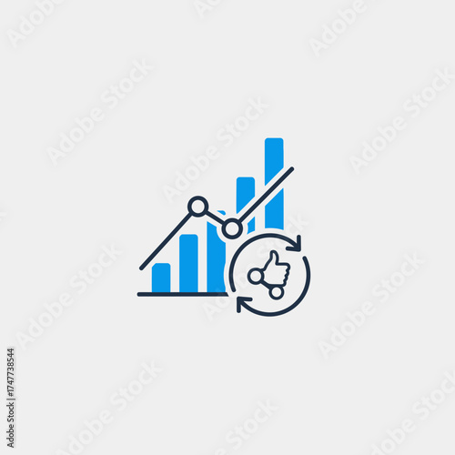 Bar chart with line graph showing upward trend and circular arrow icon.