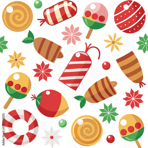 Festive candy and maracas pattern with stars and dots