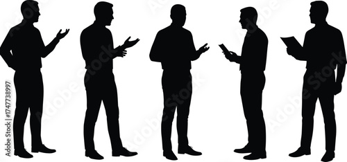 Silhouettes of Business Men in Conversation, Vector Illustration, Professional Male Figures Communicating, Cad Drawing Style, Isolated on White Background, Office Concept