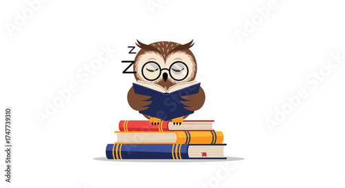 An owl wearing glasses reads a book on a stack of colorful books.