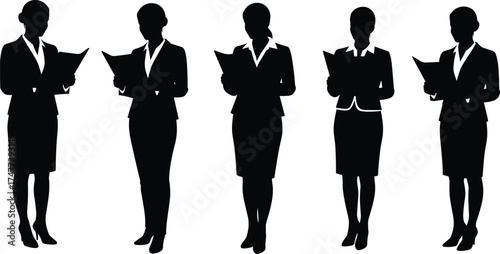 Business women silhouettes, professional teamwork reading documents, corporate female leaders with folders, office collaboration, confident standing poses, modern workplace communication, 
