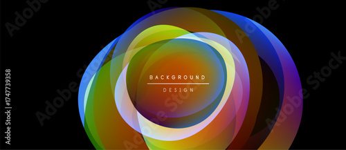 Abstract colorful layers create circular design. Vibrant hues blend, forming dynamic visual effect. Background features text elements.