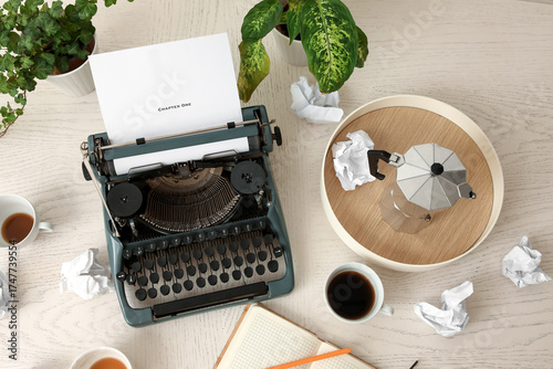 Vintage typewriter, cups of...