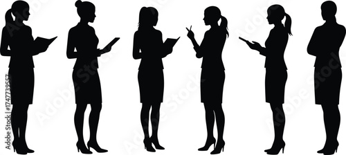 Business women silhouettes, professional teamwork discussion, corporate female leaders with digital tablets, office collaboration, confident standing poses, modern workplace communication.