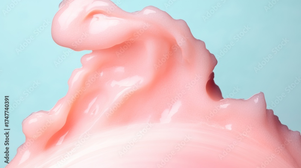 Fototapeta premium A pink blob of cream is on a blue background. The cream is in a swirl pattern and he is melting