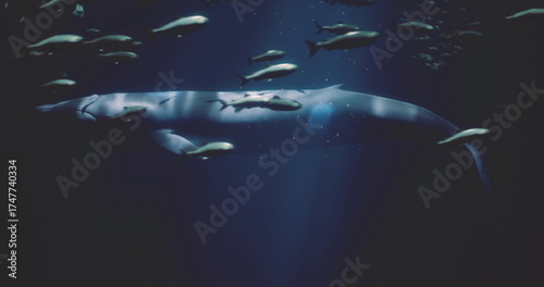 Obraz na plátne A large whale glides effortlessly through the dark waters, surrounded by schools of fish
