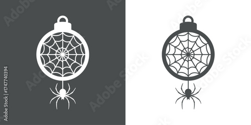 Tiempo de Navidad. Decoración de Halloween. Logo con silueta de bola de navidad con tela de araña y araña para tarjetas y felicitaciones 