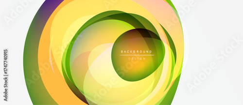 Abstract vibrant layers create circular motion. Yellows, greens, oranges blend, forming dynamic visual effect. Minimal text present.