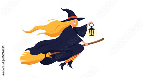 A cheerful witch with long blonde hair flies through the night sky on her broomstick holding a lantern.