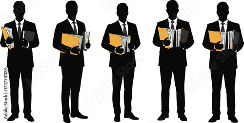 Business professionals in formal attire holding folders and documents, ideal for illustrating corporate teamwork, office organization, and professional workflow scenes