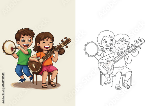 Cartoon Lifestyle Icons Featuring Kids Playing Instruments, Joyful Mood, Music Theme, and Dual-Style Sketch and Color Scene