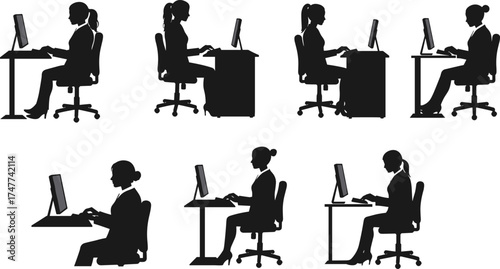 Office workers seated at desks using desktop computers in various postures, ideal for illustrating workplace ergonomics and productivity concepts