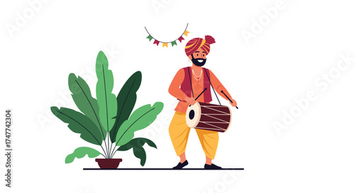 A man in traditional Punjabi attire plays a dhol drum at a festive outdoor gathering with plants and bunting.
