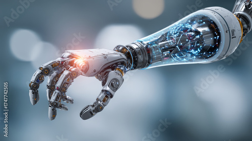 Robotic arm with glowing neural module and articulated metal hand reaching forward in futuristic lab, sleek chrome finish and blue circuit light