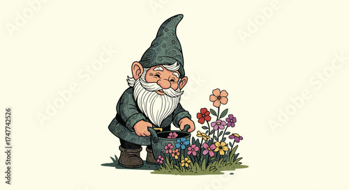 A charming garden gnome tending to a colorful patch of wildflowers in a quaint outdoor setting.