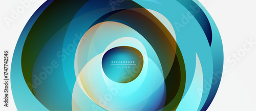 Abstract circular layers create dynamic visual effect. Blue, green, gold hues blend seamlessly. Modern design element.