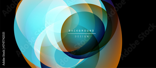 Abstract composition. Overlapping circles create dynamic visual effect. Blue, orange hues dominate design. Text reads background design.