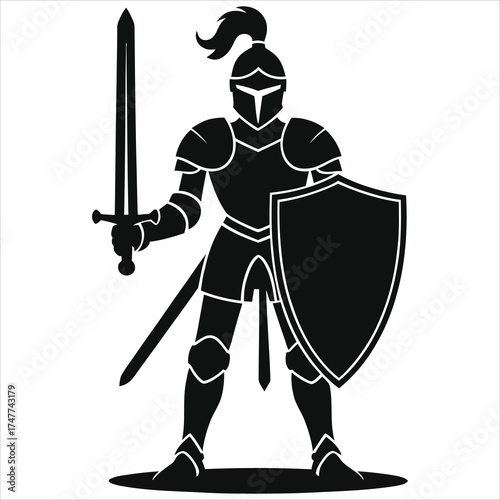  Knight in armor with sword and shield silhouette vector illustration, medieval armored warrior, black and white chivalry icon, heraldic guard emblem, fantasy protection logo, security defense graphic