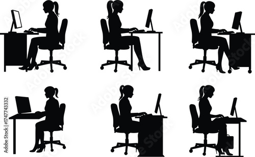 Female office worker silhouettes at desk with computer in various postures, workplace ergonomics concept, cad drawing flat vector illustration