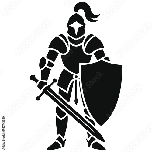 Medieval Knight in Armor Holding Sword and Shield – Black Silhouette Vector Illustration of Brave Warrior in Battle Pose for Fantasy Art, Gaming, Logos, Tattoo Design, History Projects and Emblems