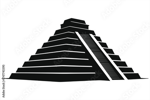Black and white vector illustration of a Mayan pyramid with detailed stepped structure, ancient Mesoamerican architecture, iconic temple silhouette, cultural heritage symbol