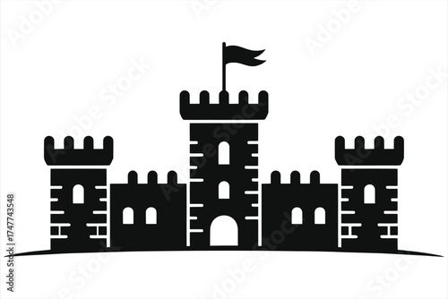 Majestic Black Silhouette Medieval Castle Vector Illustration: Fairy Tale Citadel with Central Tower, Flying Flag, Side Turrets, Battlements, and Arched Gate for Fantasy Icons, Logos