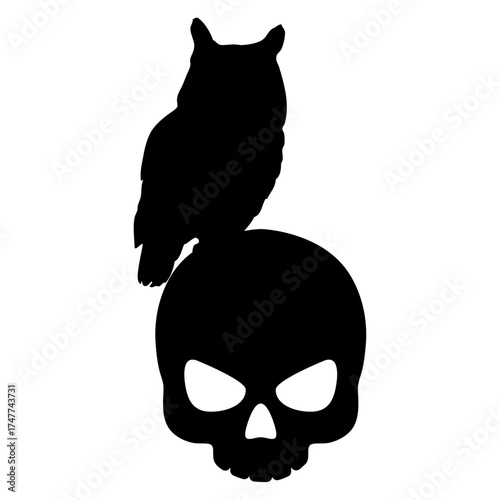 Logo con silueta de calavera humana con búho para felicitaciones y tarjetas de Halloween