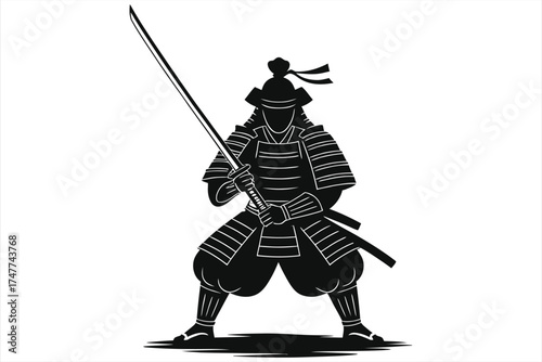 Samurai Warrior Silhouette Vector Illustration, Traditional Japanese Fighter in Armor with Raised Katana Sword, Black and White Bushido Art, Martial Arts, Isolated Graphic for Logo, Poster, or Design