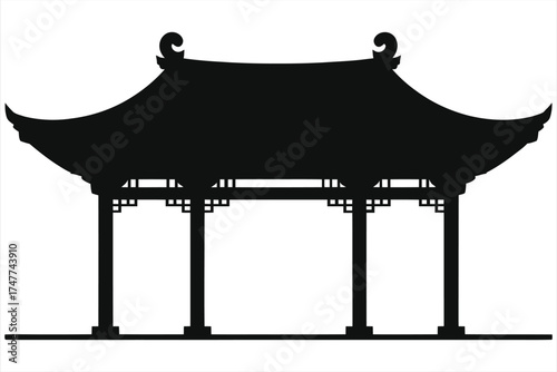 Traditional Asian Pavilion Silhouette Vector Illustration, Black and White Chinese Pagoda Icon, Oriental Architecture, Historic Garden Structure, Isolated Graphic for Logo, Poster, or Decoration