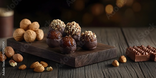 Delicious Chocolate Covered Dates and Nuts on Wooden Board