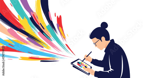 An artist digitally creating vibrant splashes of colorful paint from a tablet.