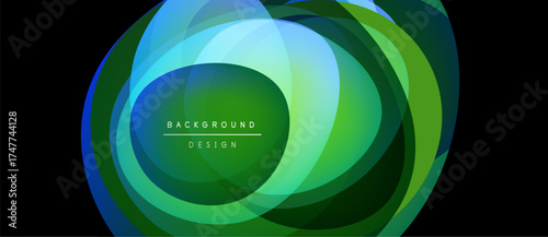 Abstract layers create vibrant, flowing design. Blue, green hues blend, forming circular pattern. Text reads background design.