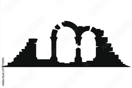 Ancient ruined arch silhouette vector – black and white classical Roman stone columns and crumbling arches, historic archaeological site icon illustration for logo, tattoo, travel poster