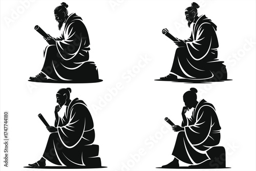 Ancient philosopher scholar silhouette set – black and white wise man reading scroll, thinking monk sitting on rock, education concept vector illustration for logo, tattoo, t-shirt, sticker design
