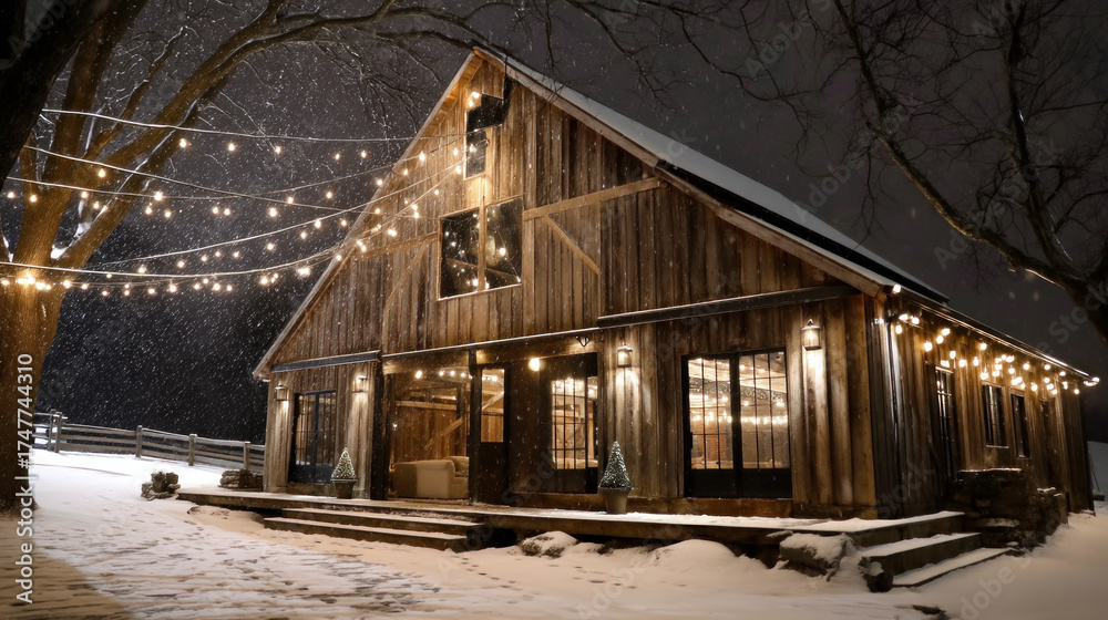 Fototapeta premium A rustic barn decorated with Christmas lights, snow gently falling, with space for text above. Merry Christmas and Happy Holidays greeting card, 
