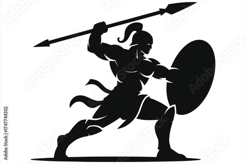 Spartan hoplite warrior silhouette vector – heroic ancient Greek soldier with spear and shield in battle pose, black and white illustration for logo, tattoo, sports mascot, t-shirt, sticker design
