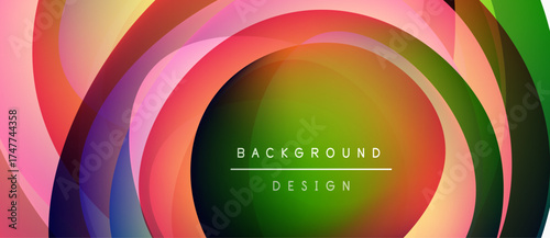 Abstract colorful layers create swirling circular pattern. Text reads background design centered within green space. Modern visual presentation.