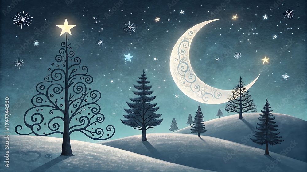 Fototapeta premium Whimsical crescent moon and starry night over snowy christmas trees